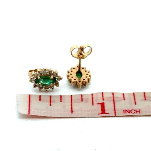 Estate 14k Yellow Gold Marquise Cut Emerald Diamond Halo Flower Stud Earrings
